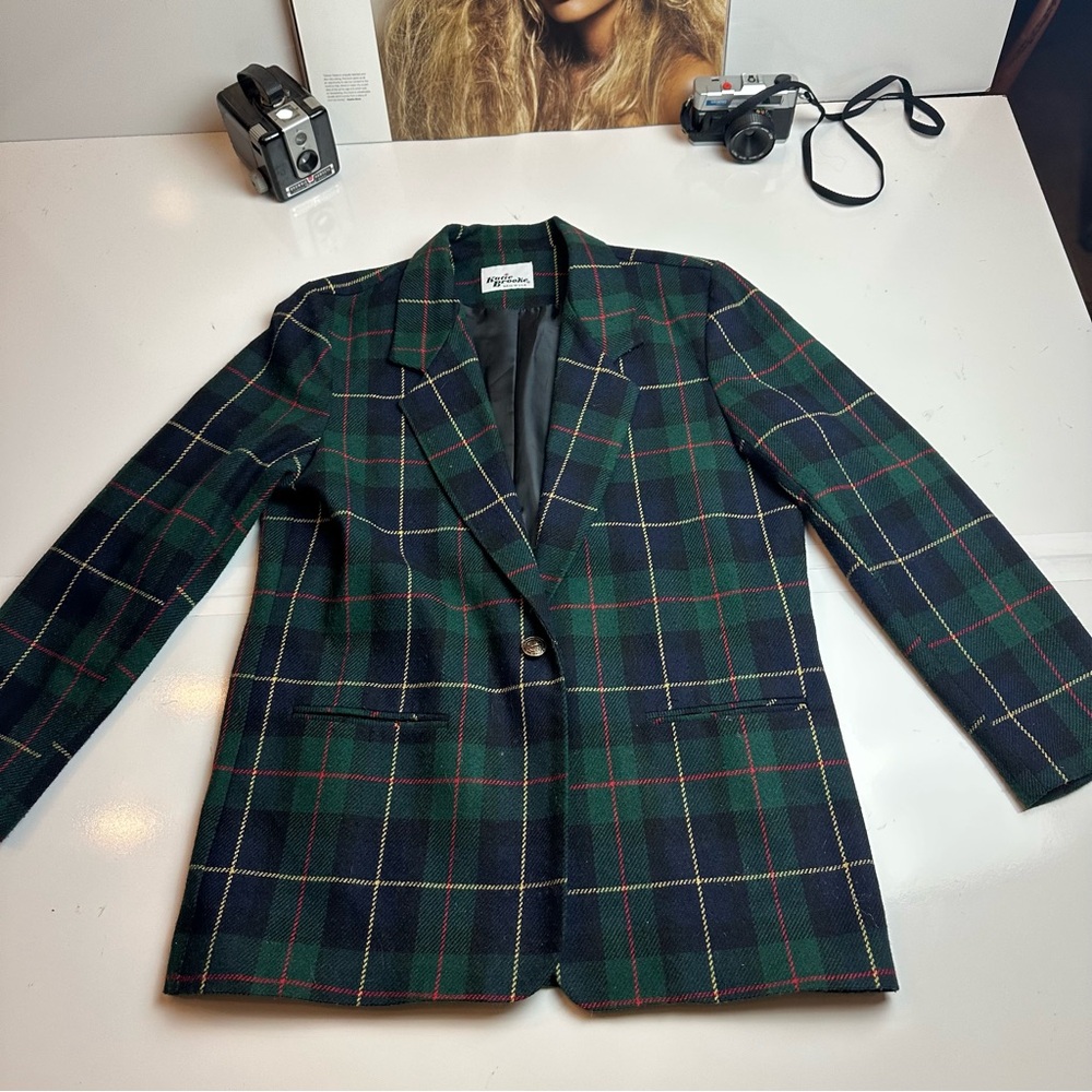 Vintage Katie Brooke Plaid Wool Blazer 8 Made USA Tartan Preppy 80s 90s